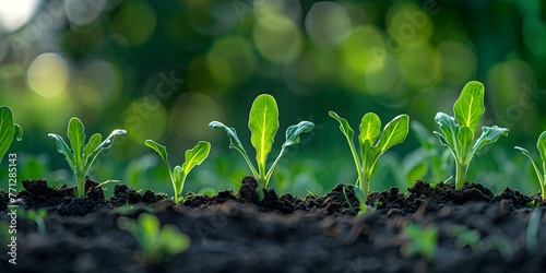 Young sprouts emerging in fertile soil showcasing sustainable agriculture practices like carbon sequestration and efficient water use. Concept Sustainable Agriculture, Young Sprouts