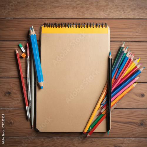 Cardboard with space for text on a wooden table with school supplies and colored pencils colorful background
