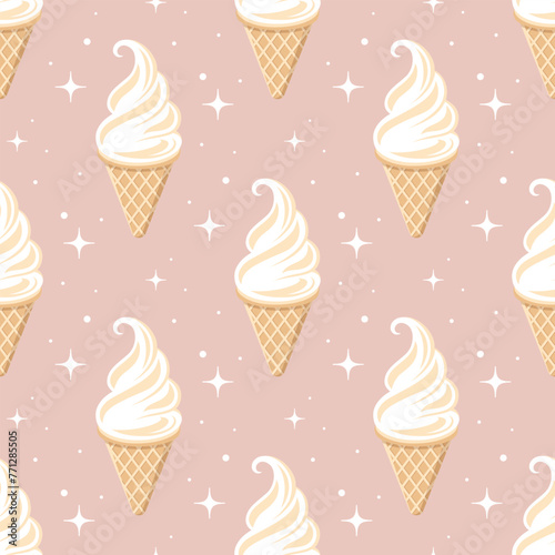Vanilla ice cream cone vector seamless pattern. Beige and white cartoon ice cream on pink background.