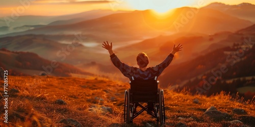 Back view of boy with raised hands up sitting on a wheelchair and enjoying sunset with mountains in the background, Generative AI photo