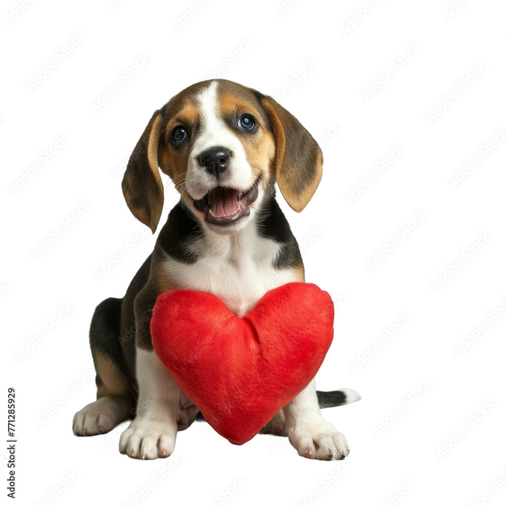 Beagle Puppy Holding Red Heart on White Background