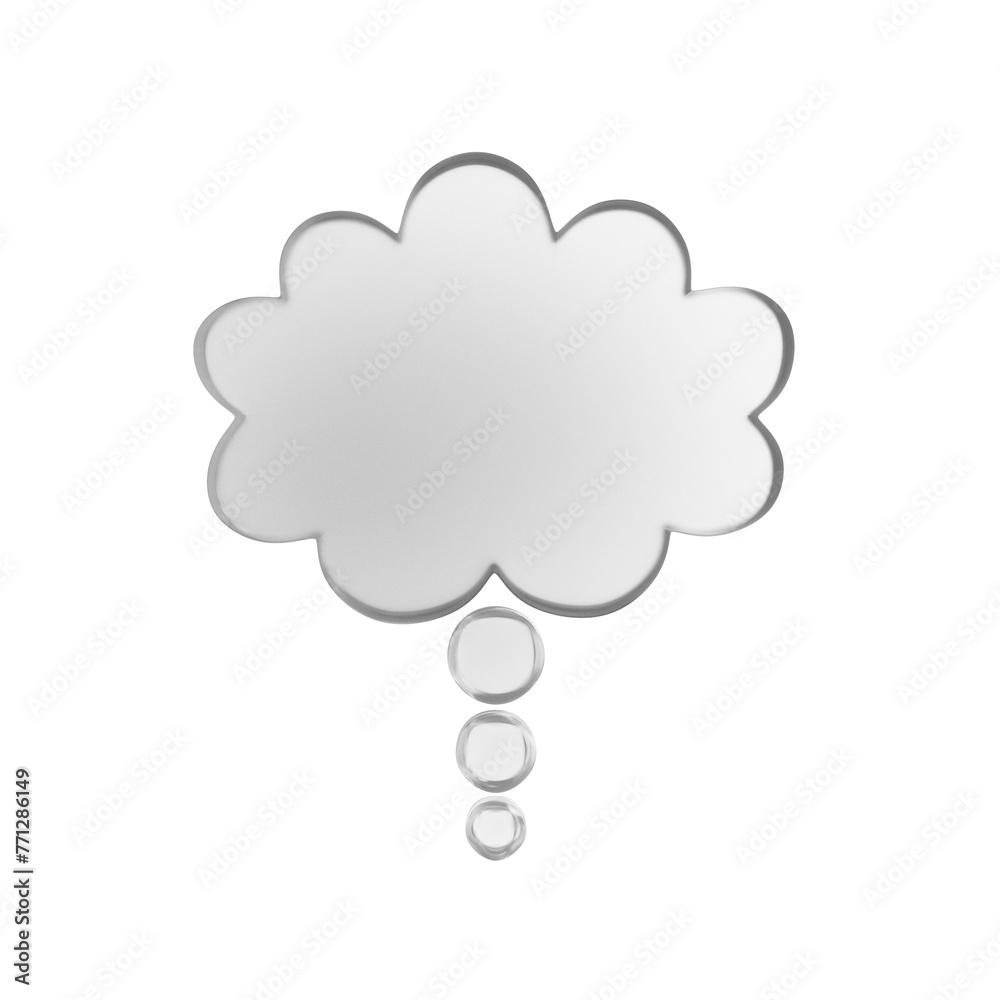 A silver thought bubble icon with a reflective surface isolated on a white background, symbolizing communication or thinking concept A silver thought bubble icon with a reflective surface isolated on a white background, symbolizing communication or thinking concept