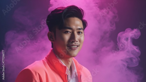 Portrait of a handsome young Chinese student in purple smoke, wearing casual clothes. guy looking at the camera from the studio against the wall. Smoke car photo