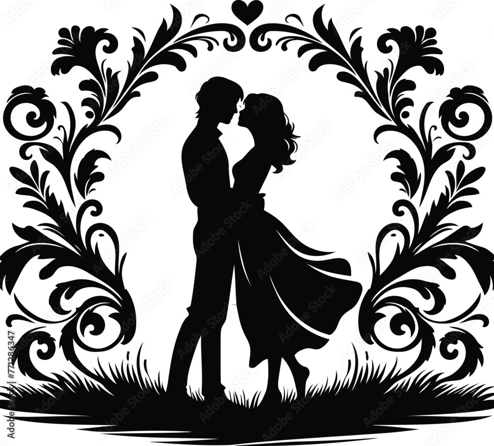 couple silhouette with Victorian flowers ornament decoration, black and white cutout design.