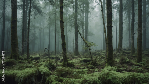 A dark and foggy forest with tall tress and green moss on the ground.