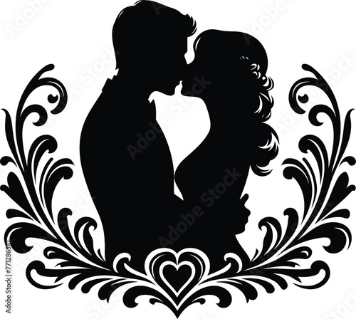 couple silhouette with Victorian flowers ornament decoration, black and white cutout design.