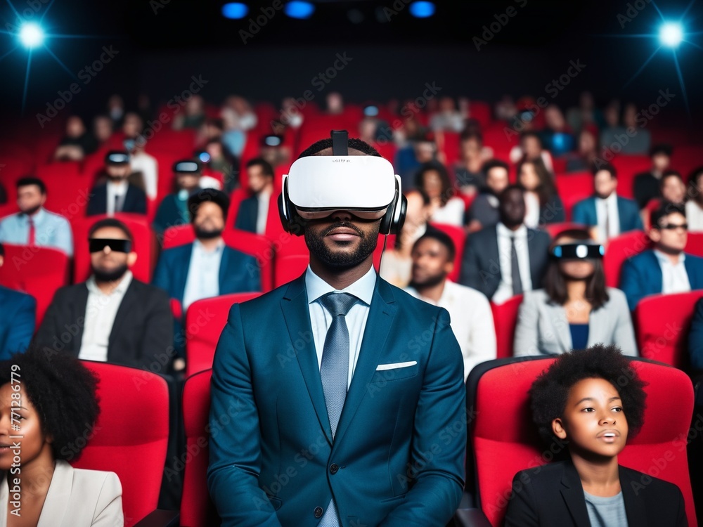 Man in the auditorium wearing virtual glasses, in a business suit Man in the auditorium wearing virtual glasses, in a business suit