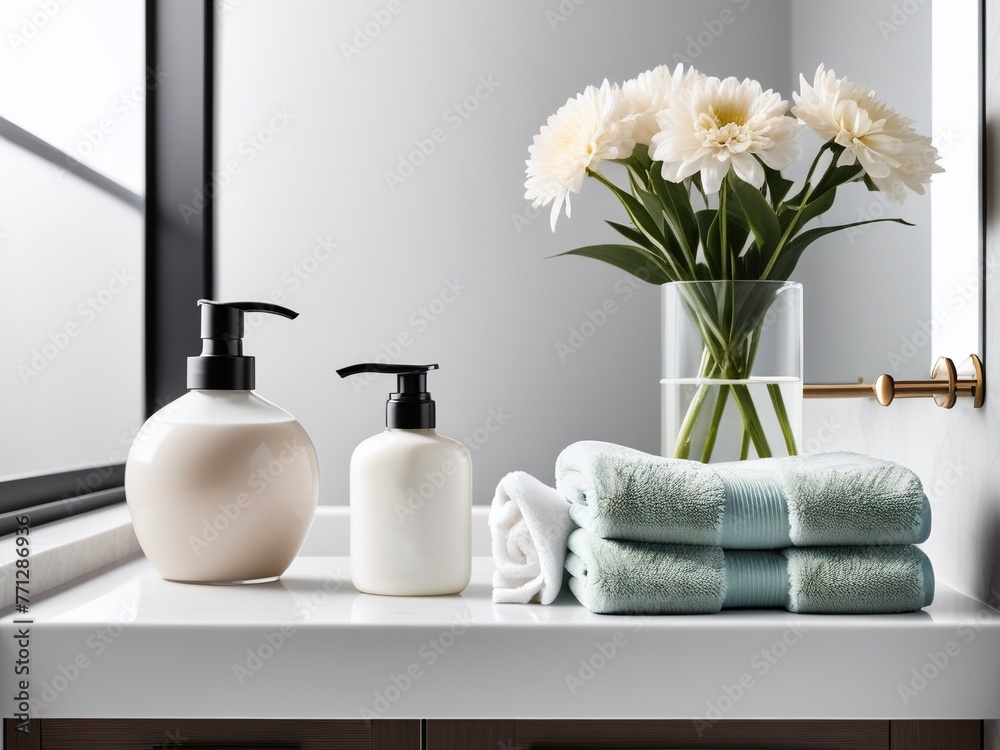 Skin care products in a white bathroom with a towel. Vase with flowers, jars with cosmetics for washing up