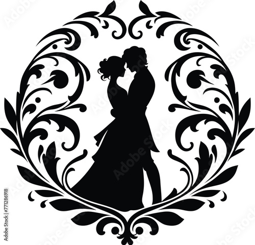 couple silhouette with Victorian flowers ornament decoration, black and white cutout design.