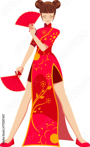 Chinese Girl in a Red Traditional Chinese Dress Holding a Folding Fan with a Kung Fu and Elegant Pose Type 12