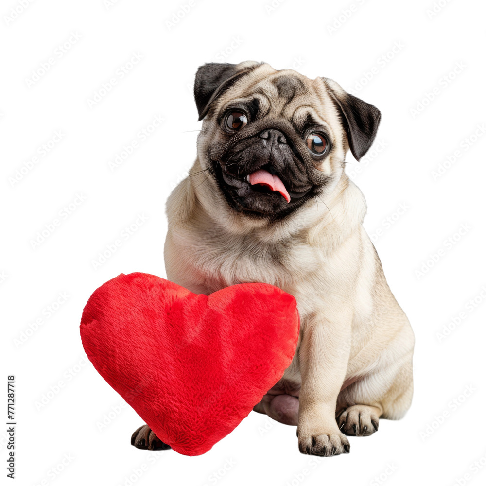 Small Pug Dog Sitting Next to Red Heart