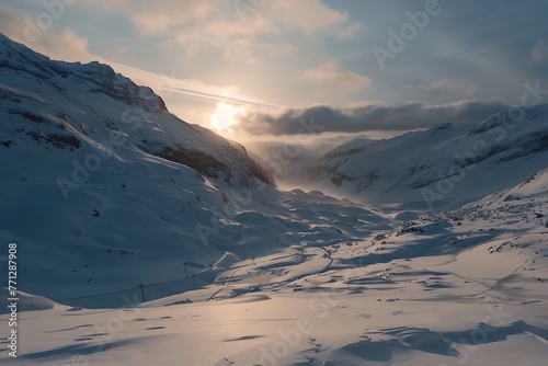   A deserted snowy mountain range  experiencing the day s passage  with sunlight reflecting off the snow and darkening the valleys  in a time-lapse