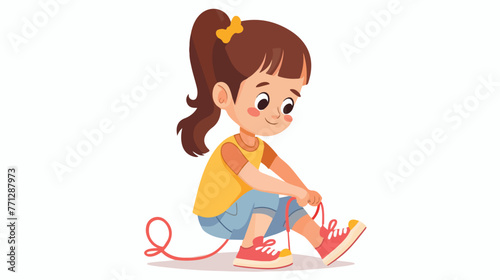 Cartoon little girl tie shoe shoelace Flat vector isolated