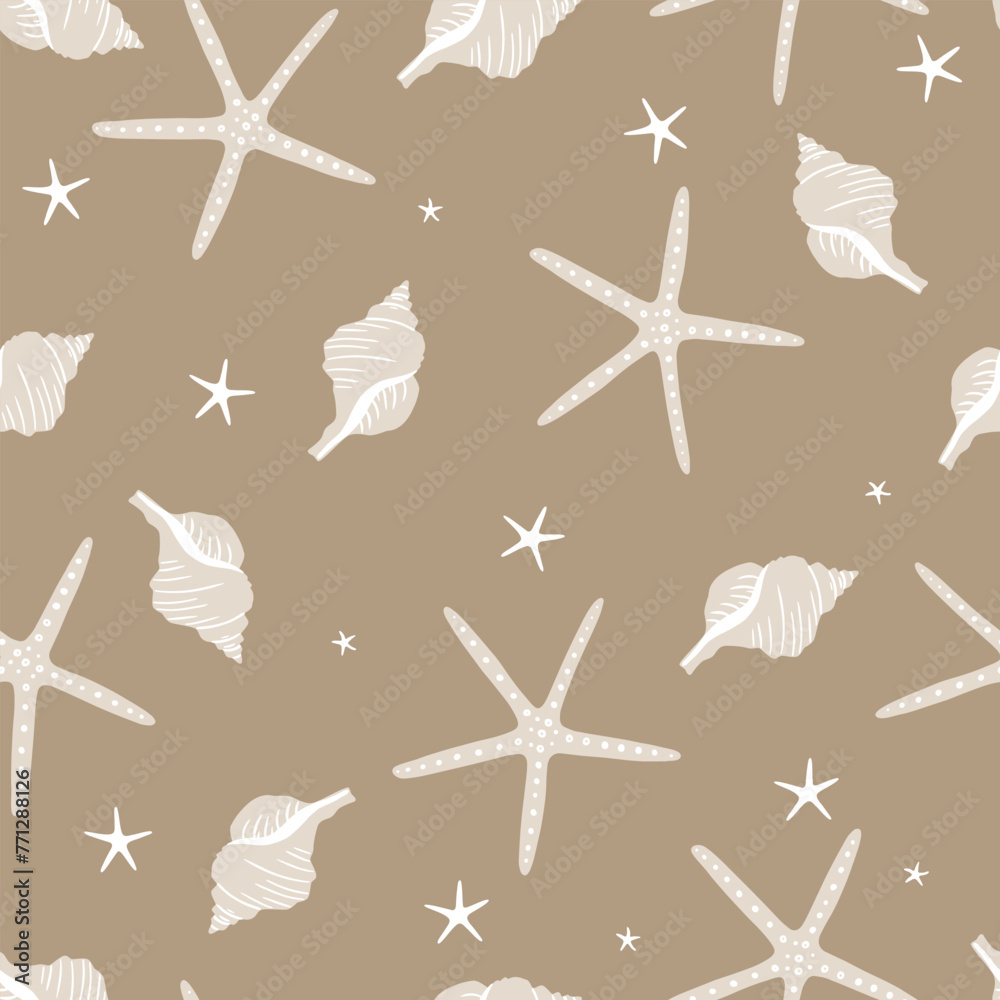 Seashells and starfish seamless pattern. For fabric summer - obrazy, fototapety, plakaty 