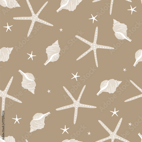 Seashells and starfish seamless pattern. For fabric summer