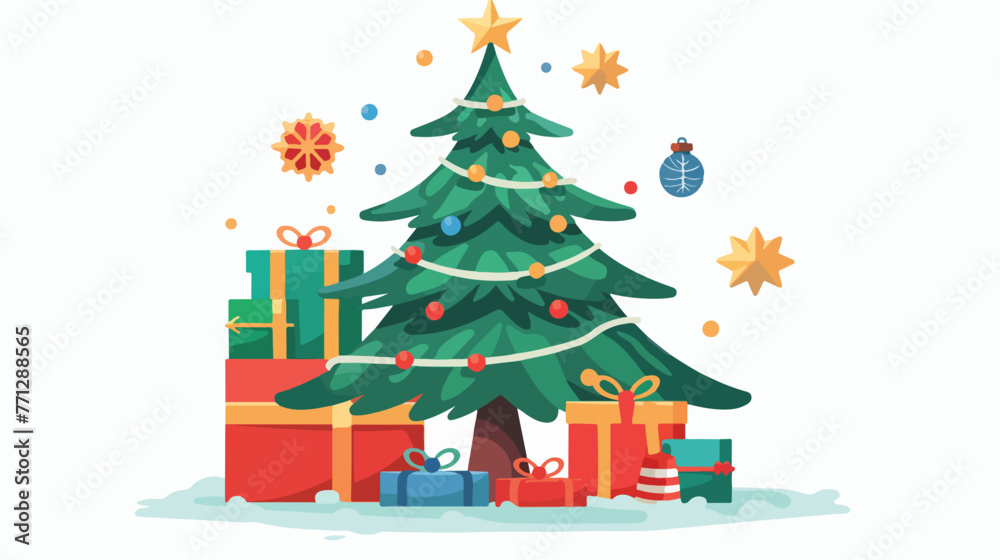 Christmas tree flat vector illustration. Wrapped pres