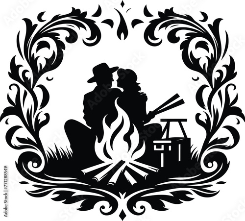 romantic couple with bonfire silhouette with Victorian flowers ornament decoration, black and white cutout design.