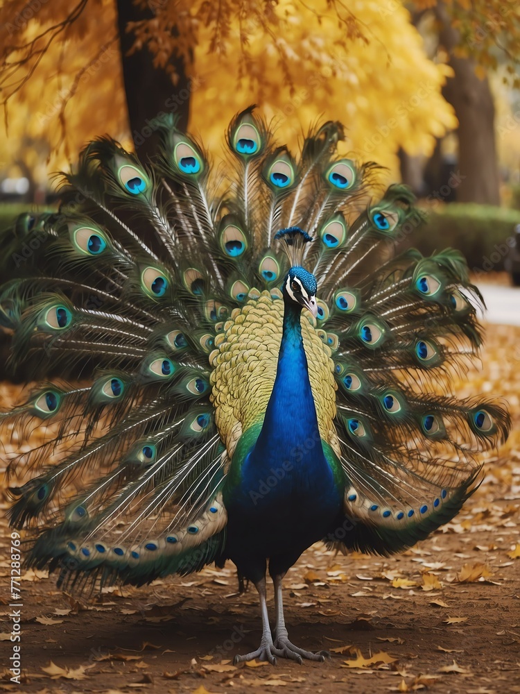 Obraz premium portrait of colorful peacock on outdoor park in city at autumn with trees on background looking at camera from Generative AI