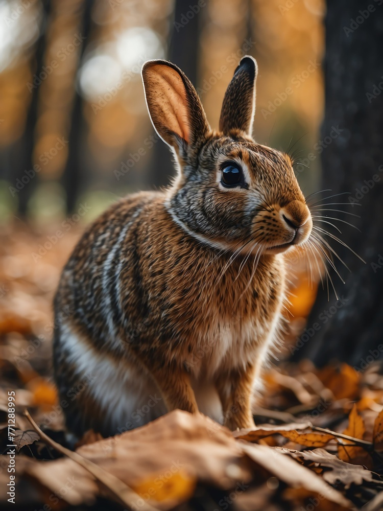 Fototapeta premium portrait of eastern cottontail rabbit on outdoor park in city at autumn with trees on background looking at camera from Generative AI