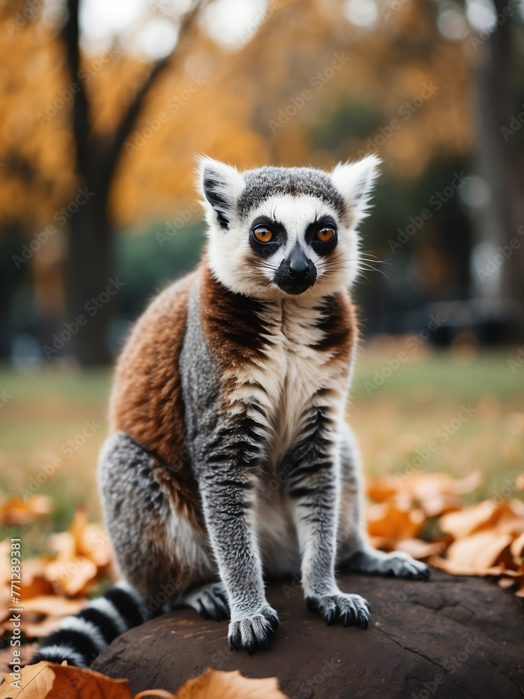 Fototapeta premium portrait of lemur cat on outdoor park in city at autumn with trees on background looking at camera from Generative AI