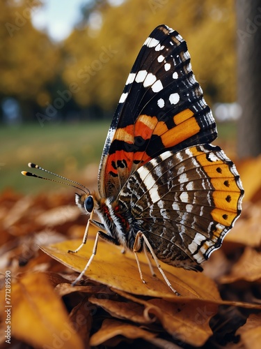 portrait of red admiral butterfly on outdoor park in city at autumn with trees on background looking at camera from Generative AI
