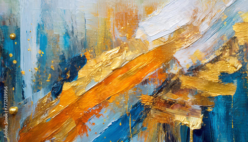 A large stroke oil painting, an art painting, a mural, a modern artwork, paint spots, brushstrokes, golden elements, orange, gold, blue, knife painting