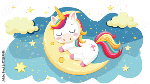 Cute rainbow unicorn sleeping on the moon