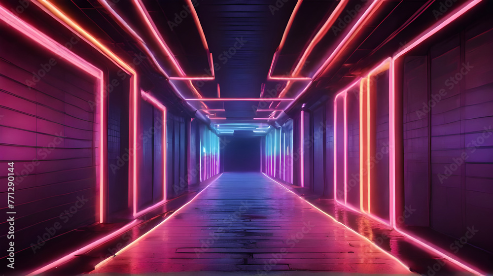 Neon light abstract tunnel. Generative AI. Neon light abstract tunnel. Generative AI.