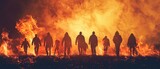 A group of people are walking through a fire by AI generated image