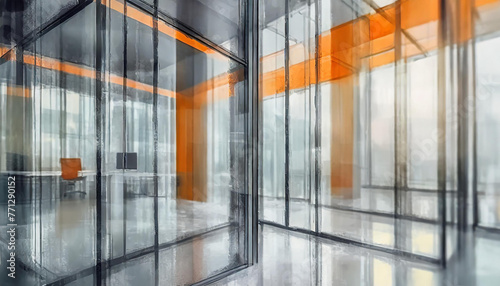 Beautiful blurred background of a modern office interior in gray tones with panoramic windows, glass partitions and orange color accents.