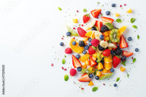 Creative Fruit Salad Composition with Berries, Kiwi, and Bananas on White © kristina