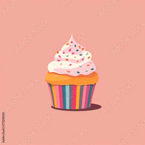 Digital illustration of a cupcake with multicolored sprinkles on a pink background, flat colors