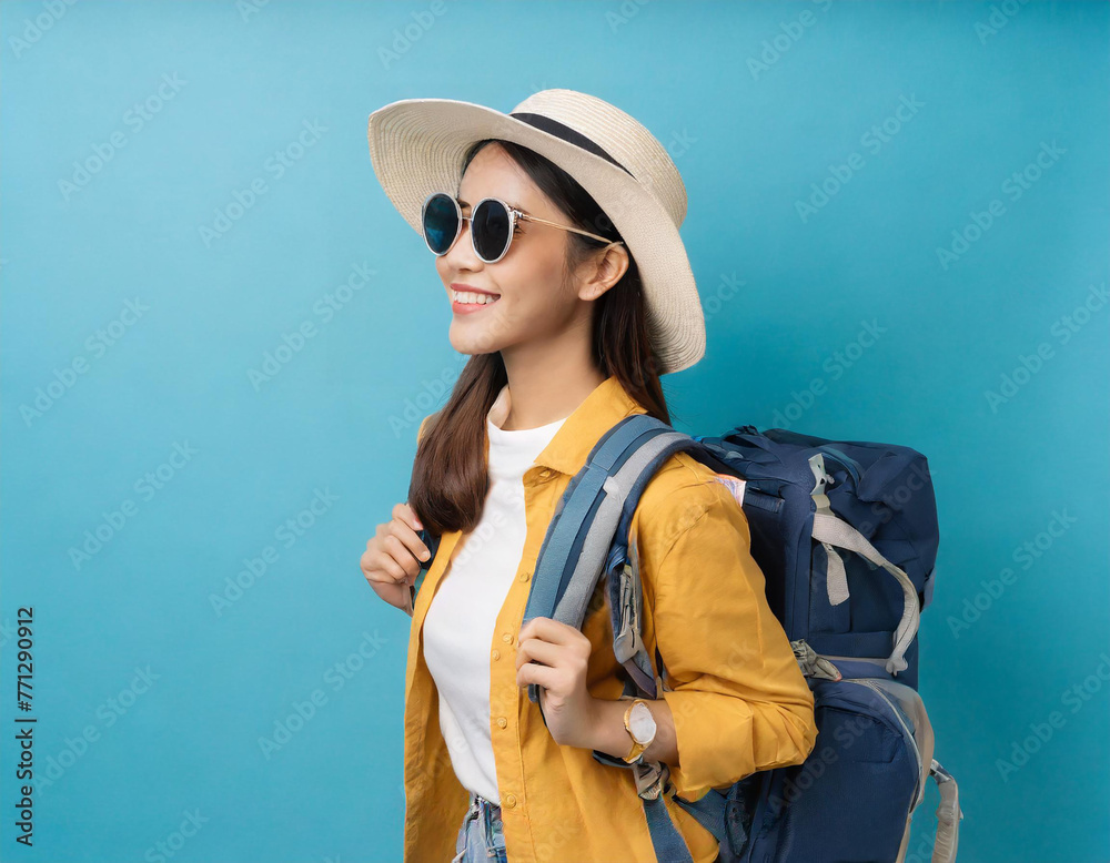 Happy young Asian tourist woman wearing beach hat, sunglasses and backpacks going to travel on holidays on blue background. Happy young Asian tourist woman wearing beach hat, sunglasses and backpacks going to travel on holidays on blue background.