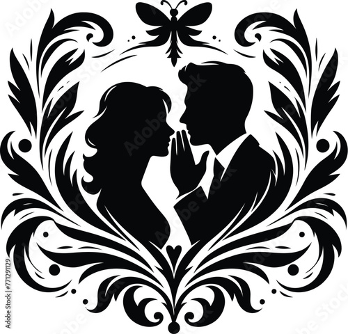 romantic couple whisper silhouette with Victorian flowers ornament decoration, black and white cutout design.