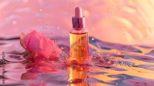 Anti aging serum with collagen and peptides on pink surface with, Transparent bottle of cosmetic gel on a pink background, ai generated 