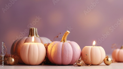 White and pink pumpkins on a background of pastel shades. Concept of Thanksgiving day or Halloween.