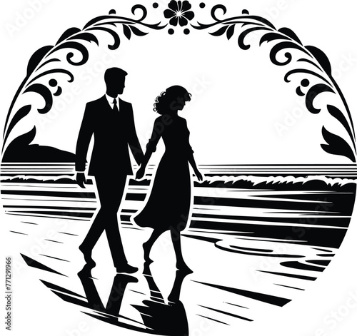 couple walking in the beach, victorian flourish in black and white illustration