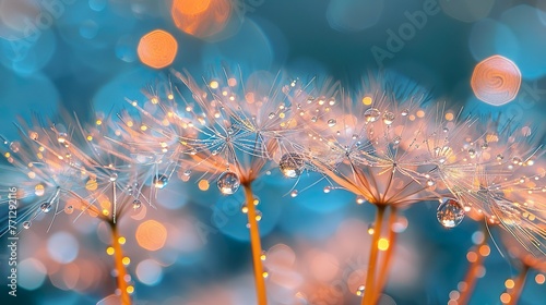 Dandelion seeds in water droplets 
