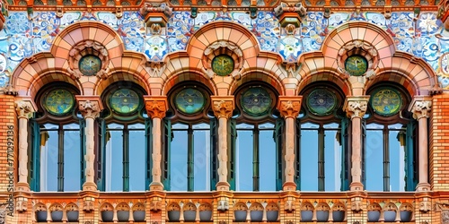 Iconic Palace of Catalan Music in Barcelona Spain showcasing stunning modernist architecture and intricate details. Concept Architecture, Modernist, Iconic Landmarks, Barcelona, Spain photo