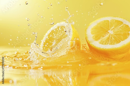 Fresh Lemons Splashing in Sparkling Water Against a Yellow Background