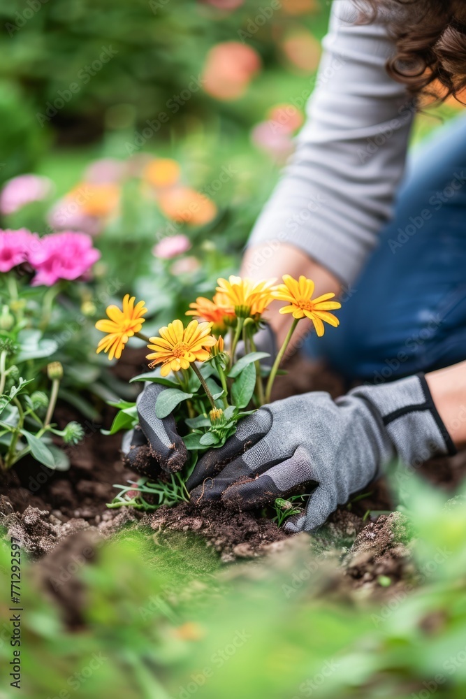 Gardener Planting Brightly Colored Flowers in a Vibrant Garden During Springtime