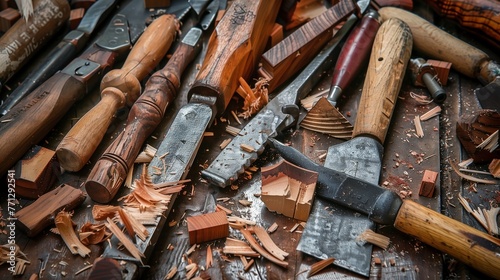 Woodworking workshop scene. Close-up of various hand tools for wood repair and crafting, scattered amongst shavings and wooden pieces, showcasing the art of carpentry and woodwork.
