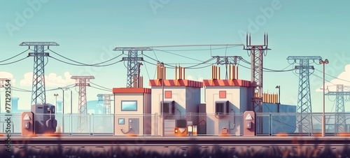Illustration of a substation with switchgear and a transmission transformer. Colorful and stylized concept of electrical infrastructure with power lines and industrial buildings photo
