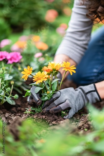 Gardener Planting Brightly Colored Flowers in a Vibrant Garden During Springtime © Olena Rudo