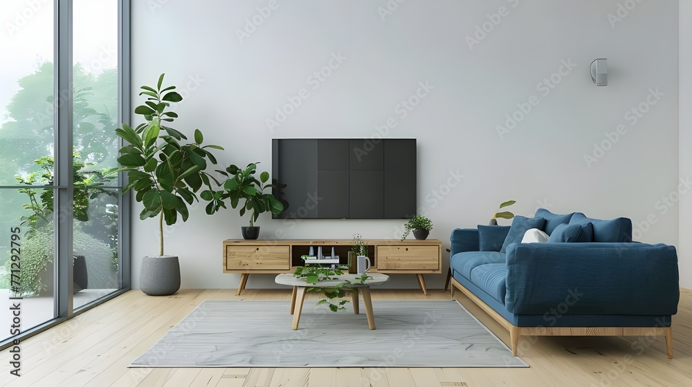 Fototapeta premium Blue sofa against window and wooden sideboard with tv. Minimalist home interior design of modern living room.