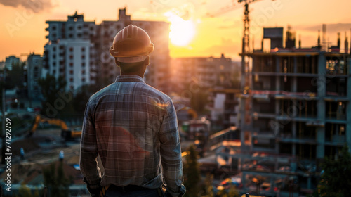 photography of an engineer wearing a helmet and workwear standing on a construction site