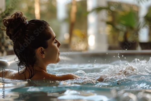 A woman is in a hot tub, enjoying the warm water