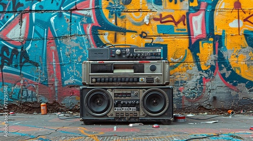 a boombox radio cassette tape recorder set against a vibrant graffiti wall art backdrop, capturing the essence of urban culture and retro music vibes.