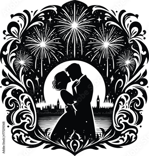 couple kissing at firework with victorian flourish decoration in black and white illustration