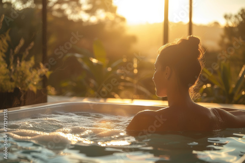 A woman is sitting in a hot tub, enjoying the sun and the water